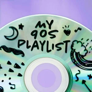 My 90s Playlist podcast cover art - a CD with doodles on a purple background
