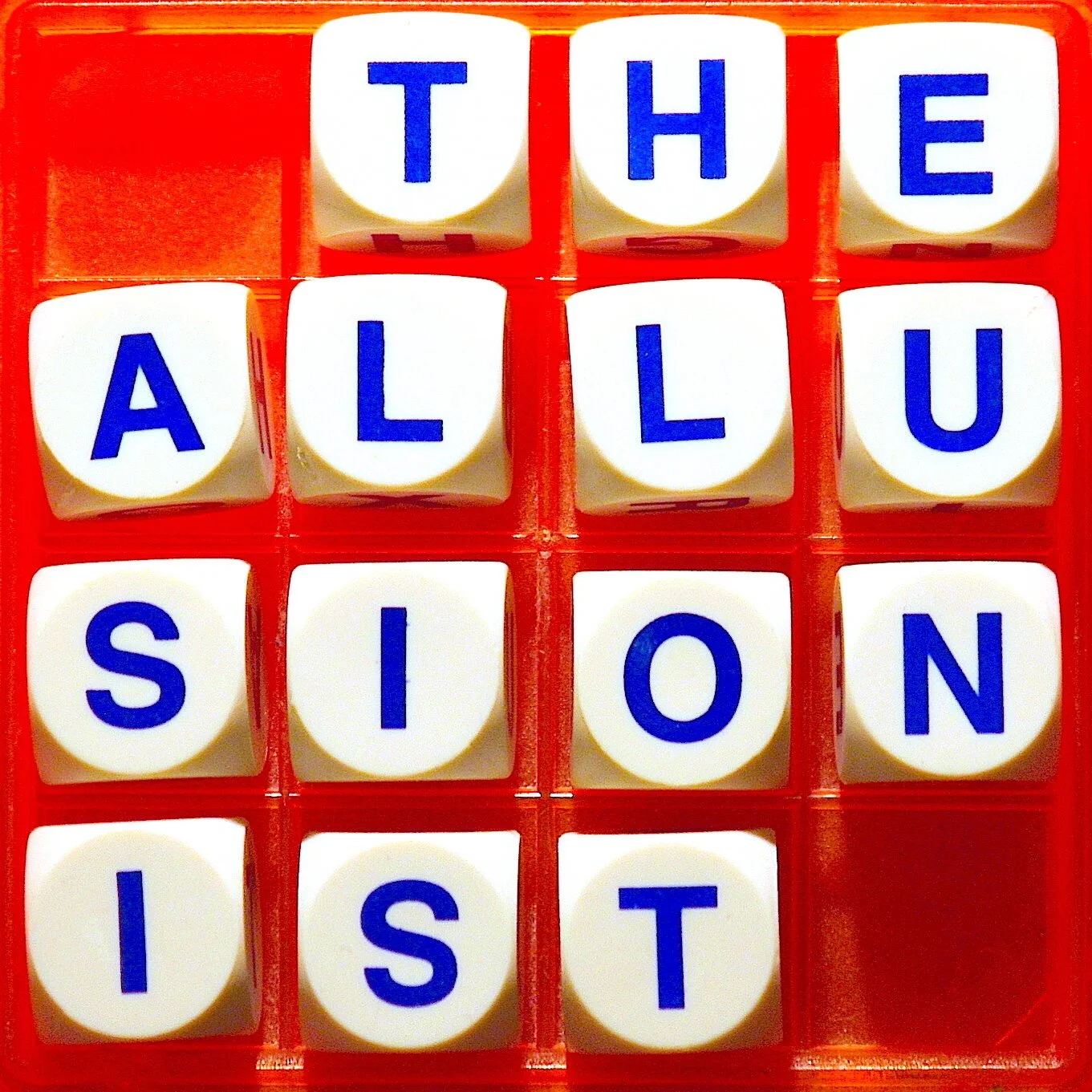 The Allusionist podcast art - a Boggle-style board with blue letters on white tiles spelling The Allusionist