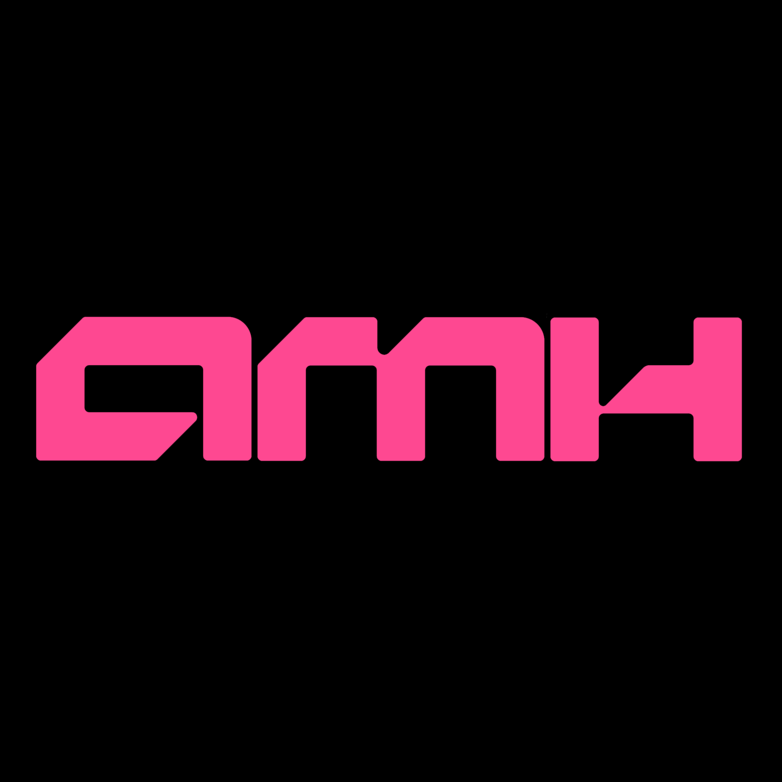Aftermath Hours podcast art - the letters AMH in a futuristic font in bright pink against a black background
