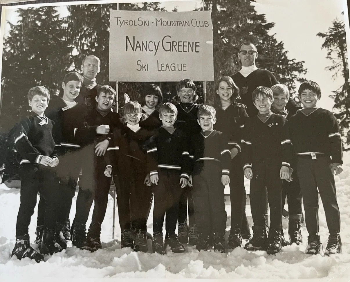 I learned to ski at age 3 and my older sister and I were both in the Nancy Greene Ski League at ages 5 and 6 respectively. My sister is in the very middle of the front row in this photo and I am to her right. I have so many fun memories of skiing at 
