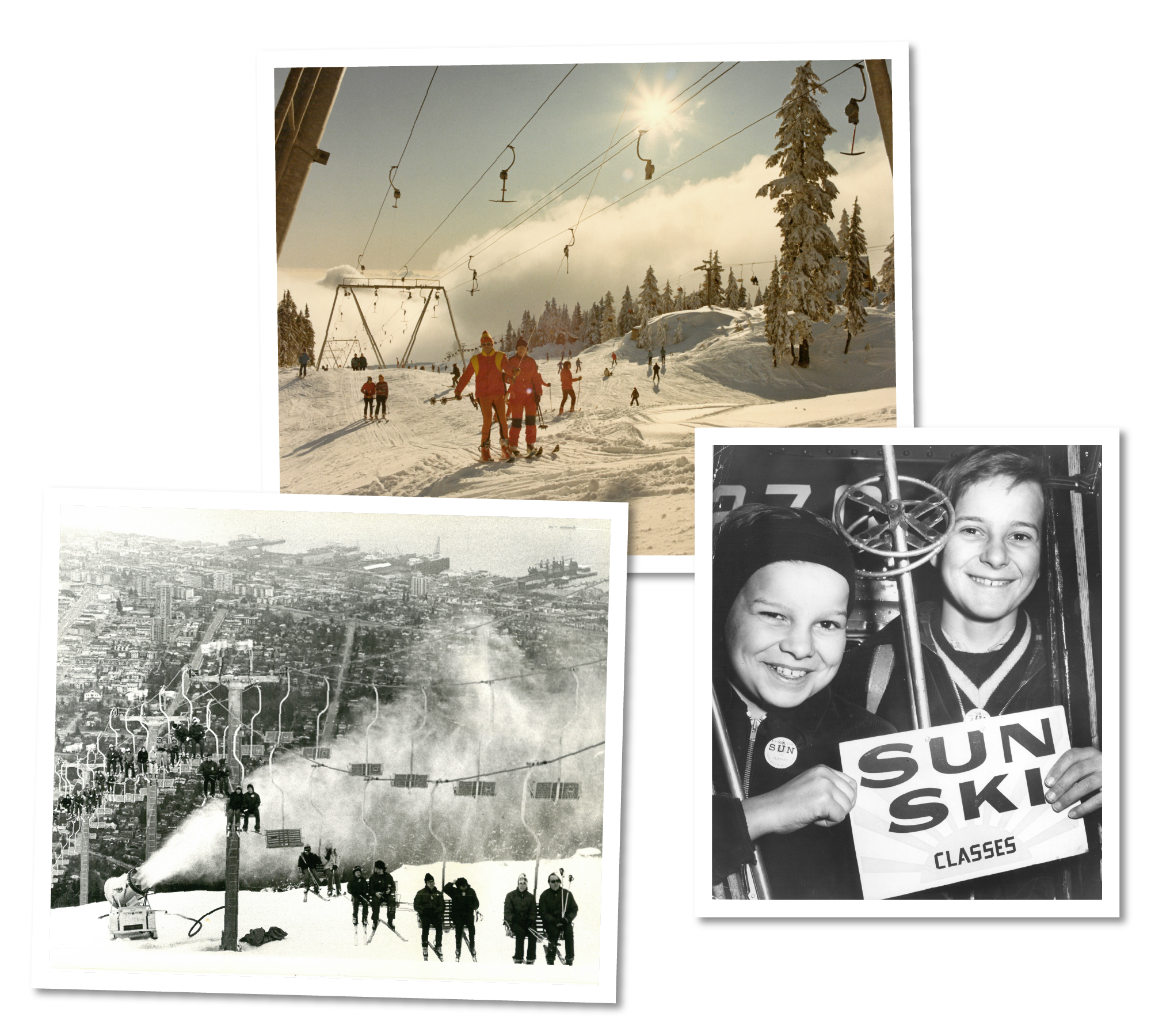 A collage of three black and white and colored photographs: top image of a snowy ski resort with skiers and a chairlift, bottom left photo of a ski slope with elevators and staff, and a bottom right image of two smiling children holding a sign that reads 'Sun Ski Classes'.