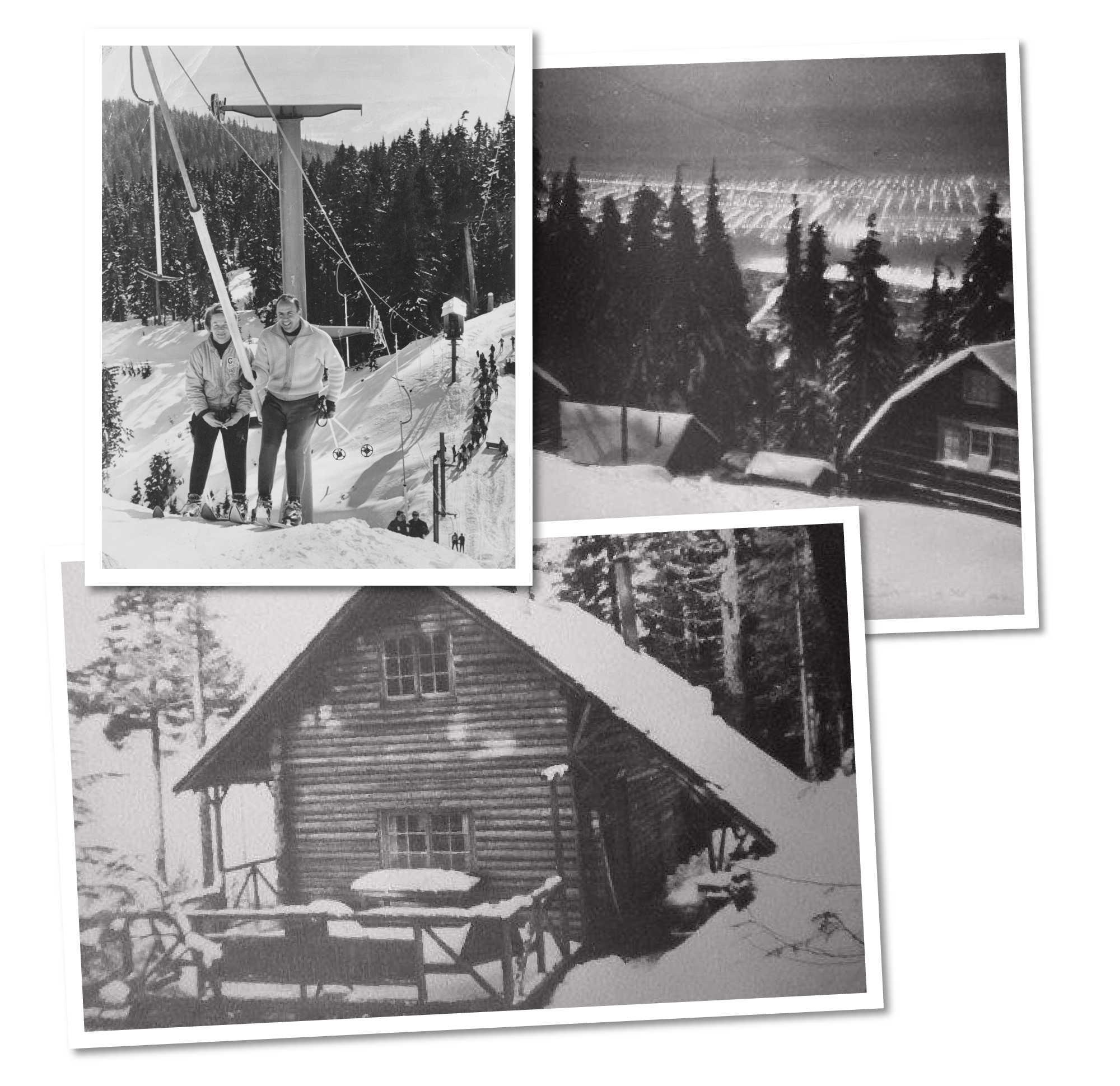 Three black-and-white photographs of a snowy winter landscape, with trees, houses, and a ski lift, arranged in a collage.