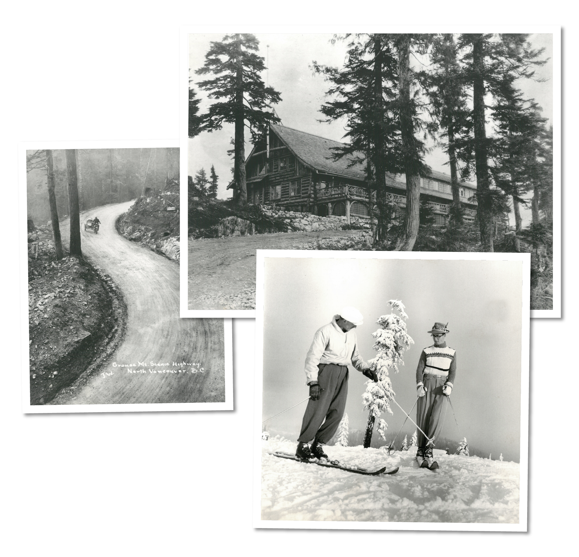 Three vintage black-and-white photographs: the first shows a mountain road with a car driving on a winding dirt path through a forest, labeled "Grouse Mount Seymour Highway, North Vancouver, B.C."; the second depicts a large wooden house or lodge surrounded by tall trees in a forested area; the third features two men in winter clothing skiing on snow, with one adjusting his ski pole near a small snow-covered tree.
