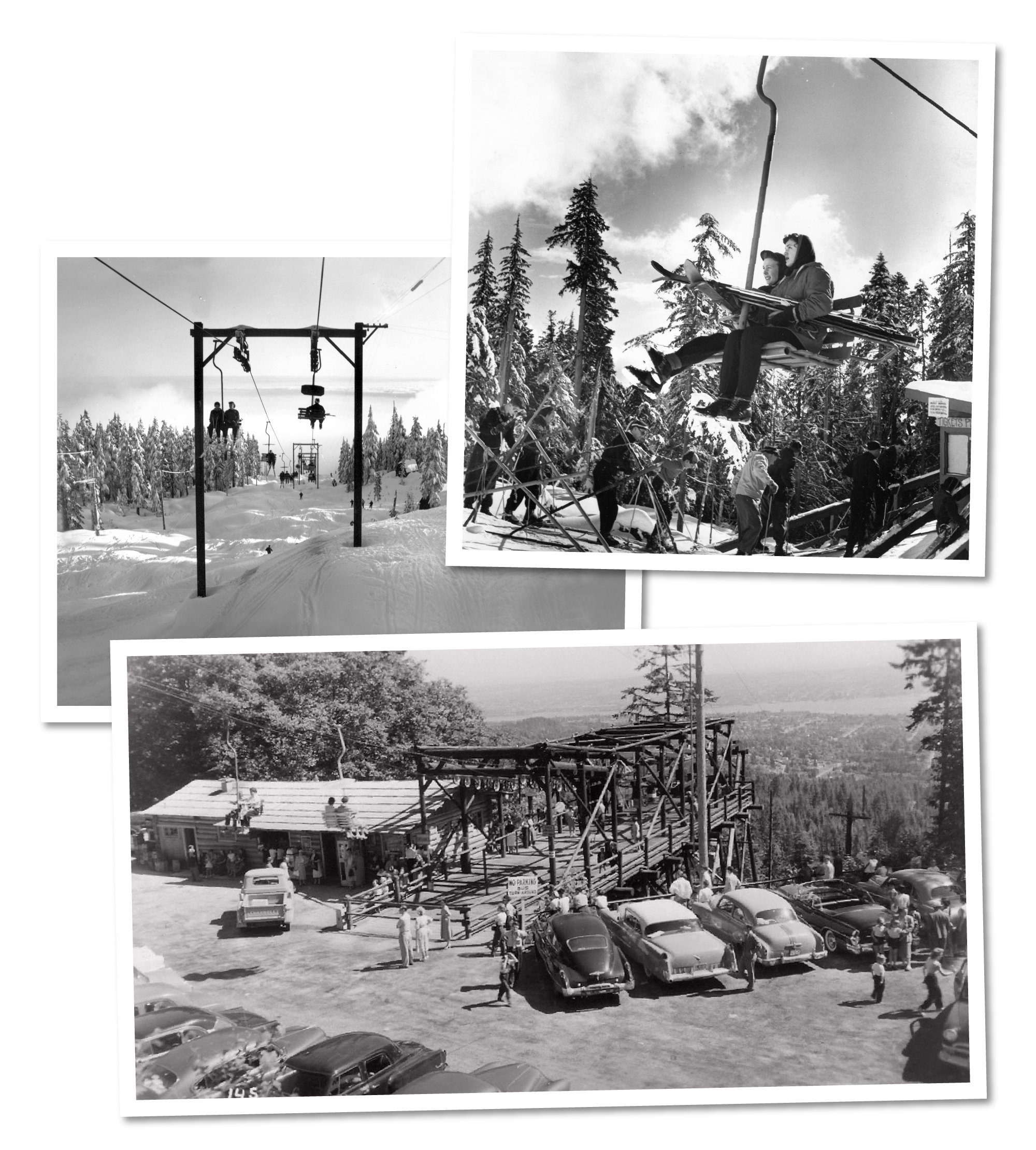 Black and white collage of three vintage photographs related to skiing and a ski lift in a winter landscape. The top left photo shows a ski lift ascending a snow-covered slope with trees in the background. The top right photo depicts two people on a ski lift with trees and snow around and a group of people on the ground below. The bottom photo captures a ski lodge or station with parked cars, and people waiting or walking around in a scenic setting with trees and a distant landscape.