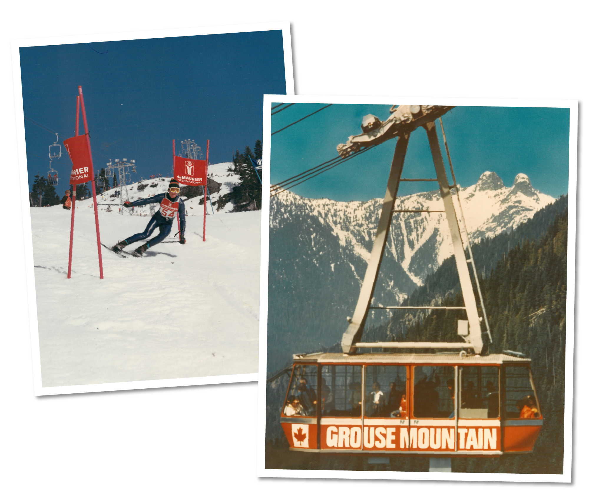 Vintage ski competition scene with a skier navigating slalom gates on a snowy mountain slope, and a cable car labeled 'Grouse Mountain' against a backdrop of snow-capped peaks and forested mountains in British Columbia, Canada.