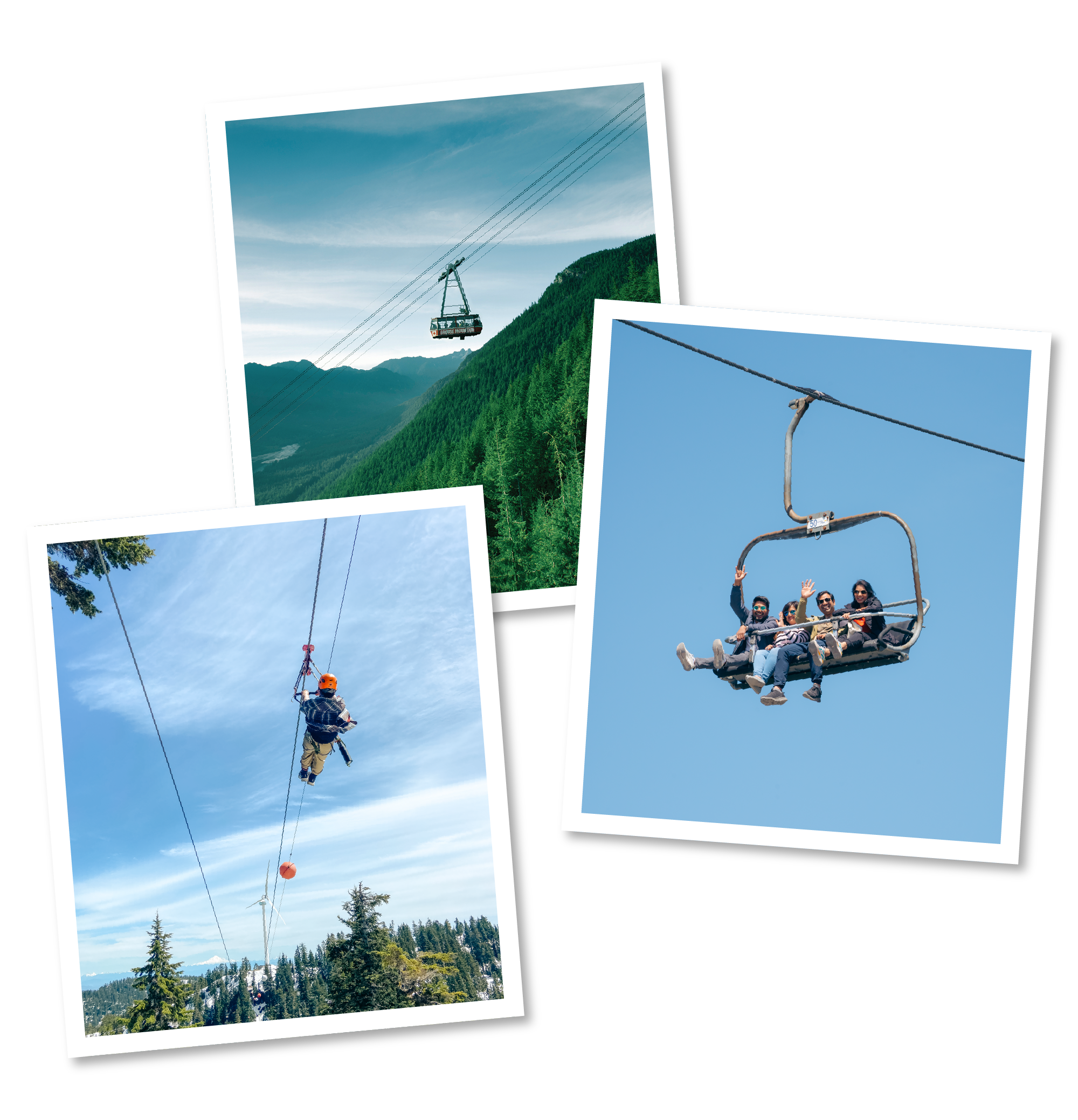 Three photos of people enjoying cable car rides. The top photo shows a cable car over a green mountain landscape with a clear sky. The middle photo features a person in safety gear hanging from a cable with trees and a cloudy sky in the background. The bottom right photo shows a group of four friends sitting on a ski lift, waving and smiling against a bright blue sky.