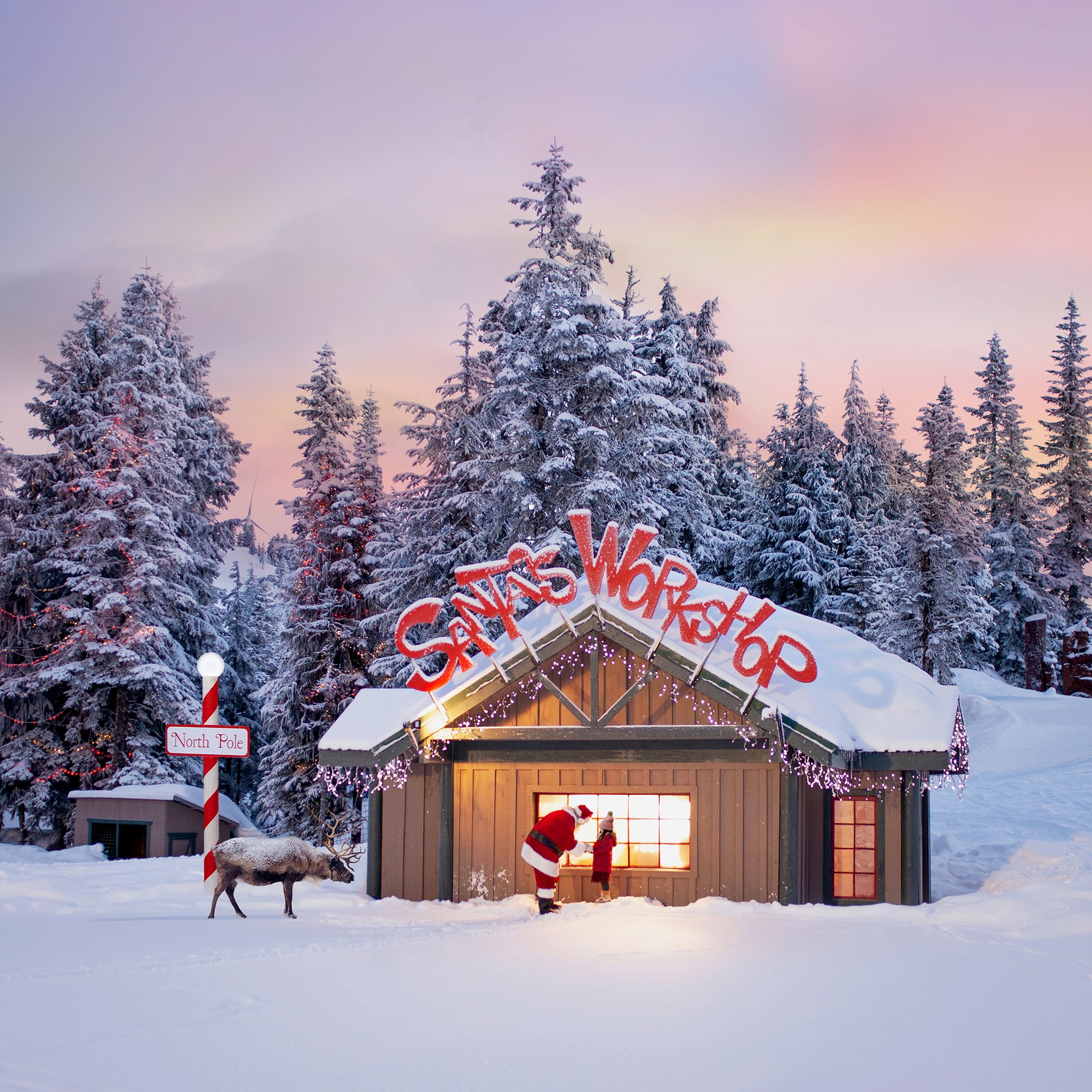 A snowy landscape with a small building labeled 'Santa's Workshop' with colorful lights, surrounded by snow-covered trees, a reindeer, and a Santa figure talking to a child.