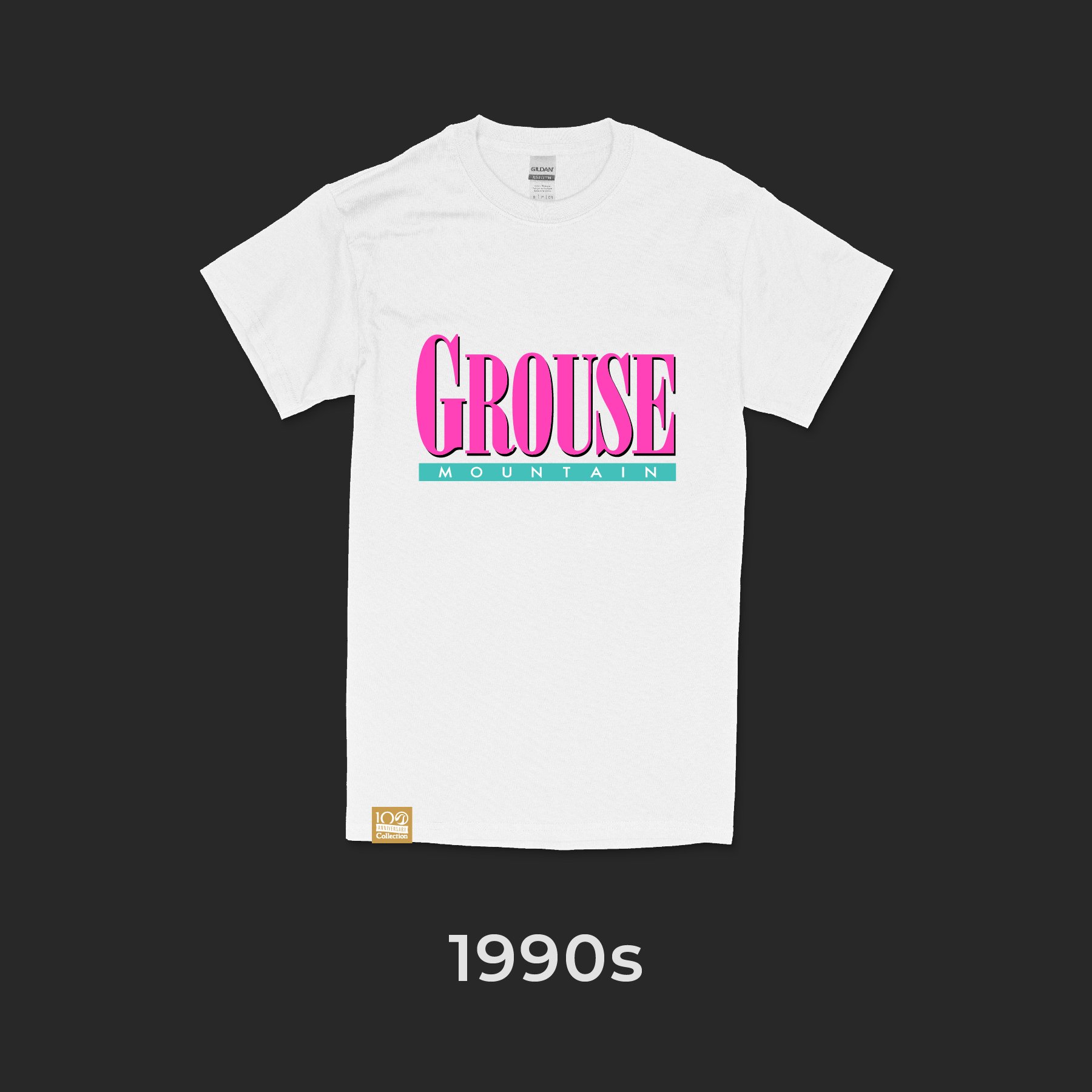 White T-shirt with 'GROUSE' in large pink letters and 'MOUNTAIN' in smaller turquoise letters underneath, with a small gold sticker at the bottom left corner, displayed against a black background, labeled '1990s'.