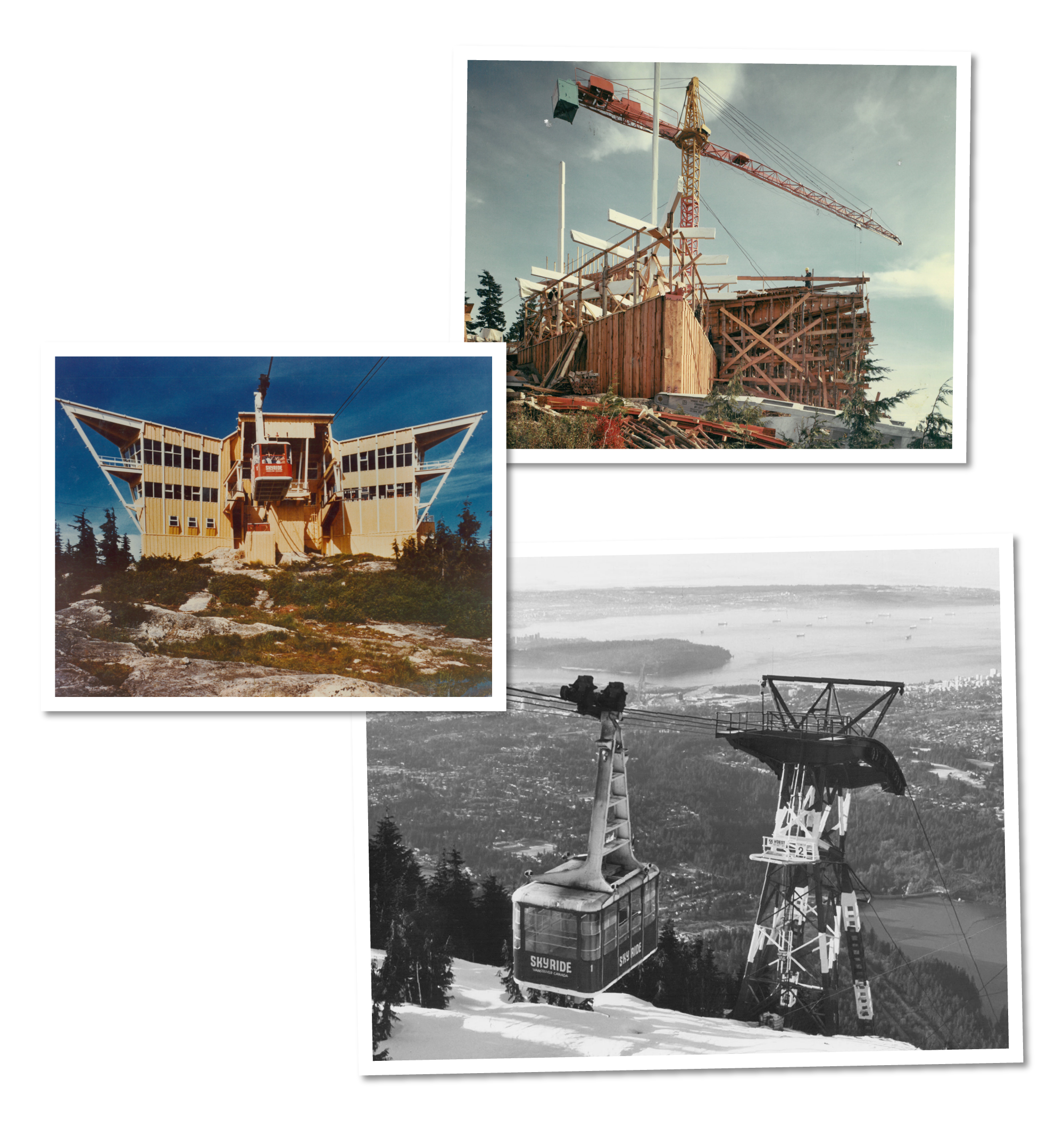 Three pictures of ski resort infrastructure: a ski lift tower and cable car, a building with unique architectural design, and a cable car ascending a mountain with a view of a city and water in the background.