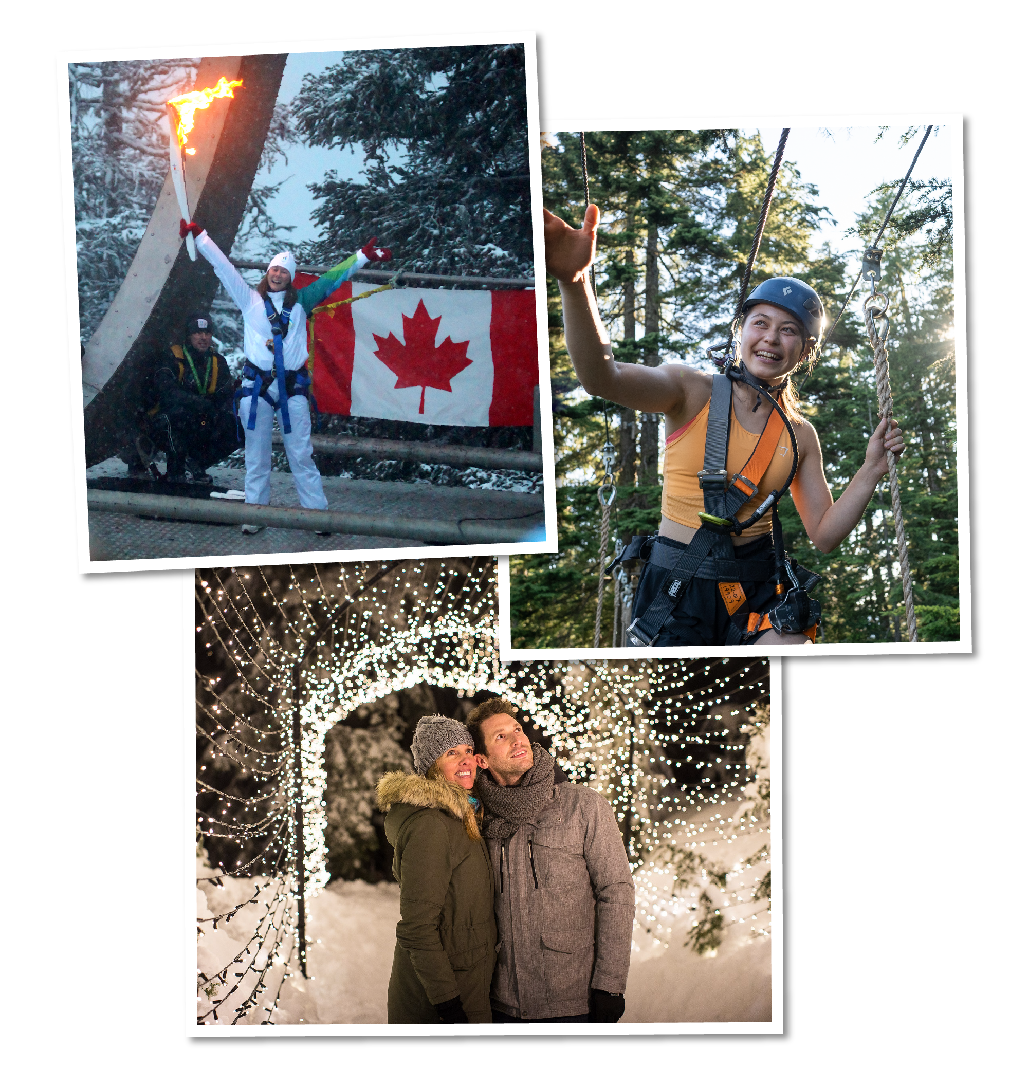 Three photographs of people enjoying outdoor activities in winter. The first shows a woman in a white jacket celebrating with a Canadian flag and a fire staff in a snowy forest. The second displays a woman in a helmet on a ropes course surrounded by green trees. The third features a couple in warm winter clothing standing under festive string lights and snow-covered trees, smiling.