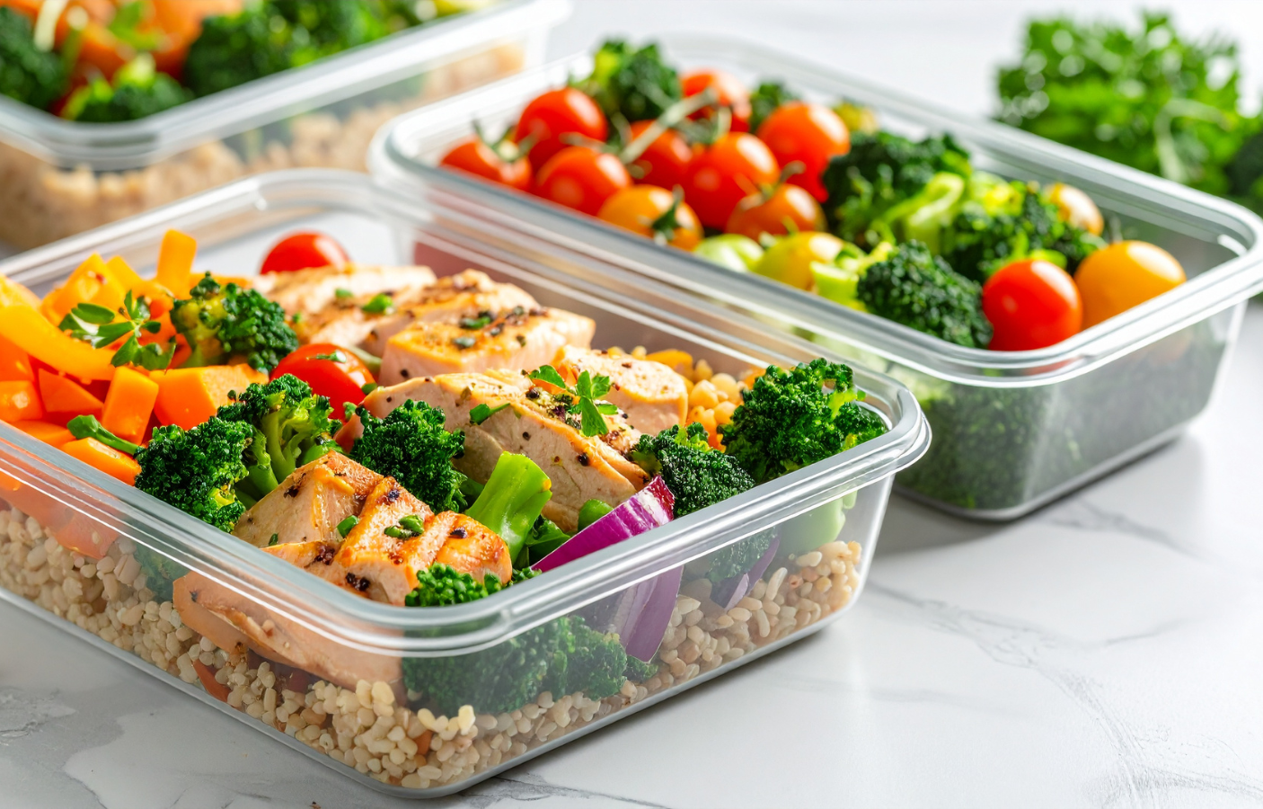 Plastic containers filled with chopped vegetables, grilled chicken, and cherry tomatoes, ready for meal prep.