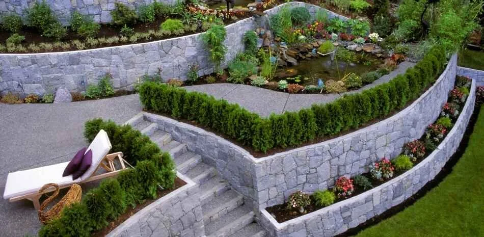 concrete retaining walls with excellent landscaping and comfortable chair