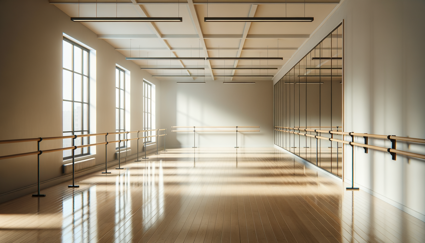 Empty dance studio with wooden floors, ballet barres on both sides, large windows, and a mirror wall on the right, illuminated by natural sunlight.