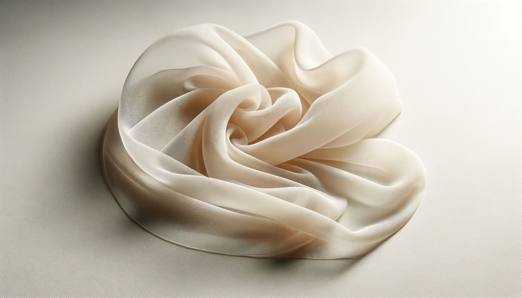 Cream-colored silk or satin fabric arranged in a rosette shape on a textured white surface.