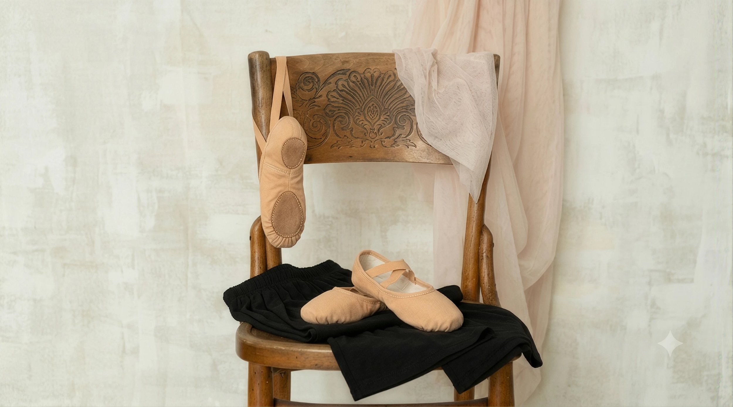 A wooden chair with a decorative backrest holds a beige ballet slipper hanging from the top, with a beige scarf draped over the back. A pair of beige ballet slippers and black clothing are on a black cloth on the seat.