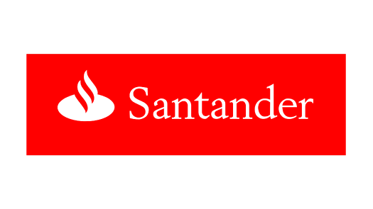 Santander bank logo with white text and emblem on a red rectangle background