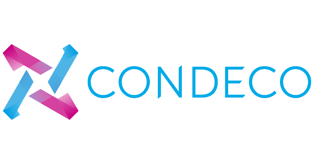 Logo with the word 'CONDECO' in pink and blue geometric shapes and text.