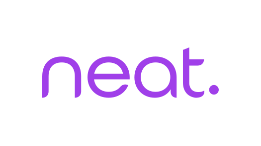 The word 'neat.' written in purple lowercase letters on a black background.