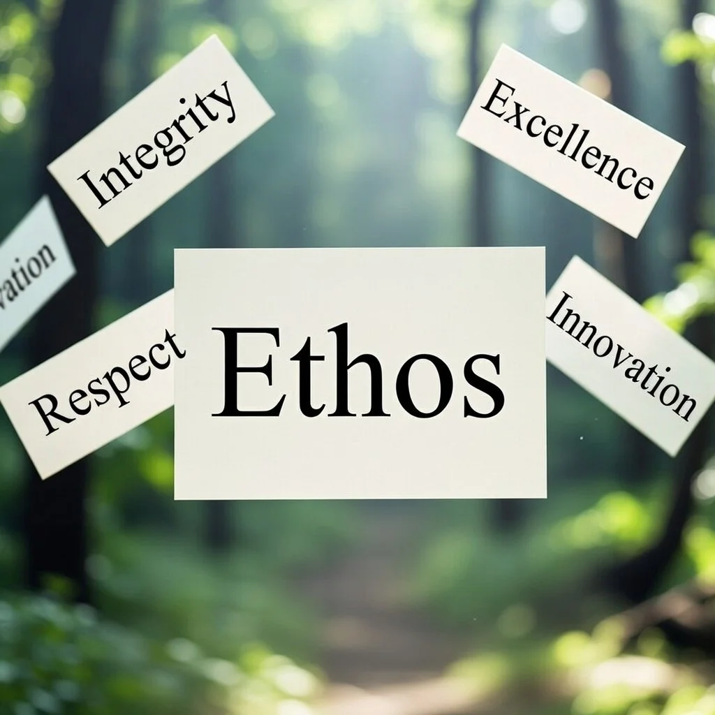 Display of words related to ethics, including 'Respect', 'Integrity', 'Excellence', and 'Innovation', arranged around the central word 'Ethos' in a natural outdoor setting. Ethics, Value, Concern, Communication, Clarity, Honesty, Respect, Quality,