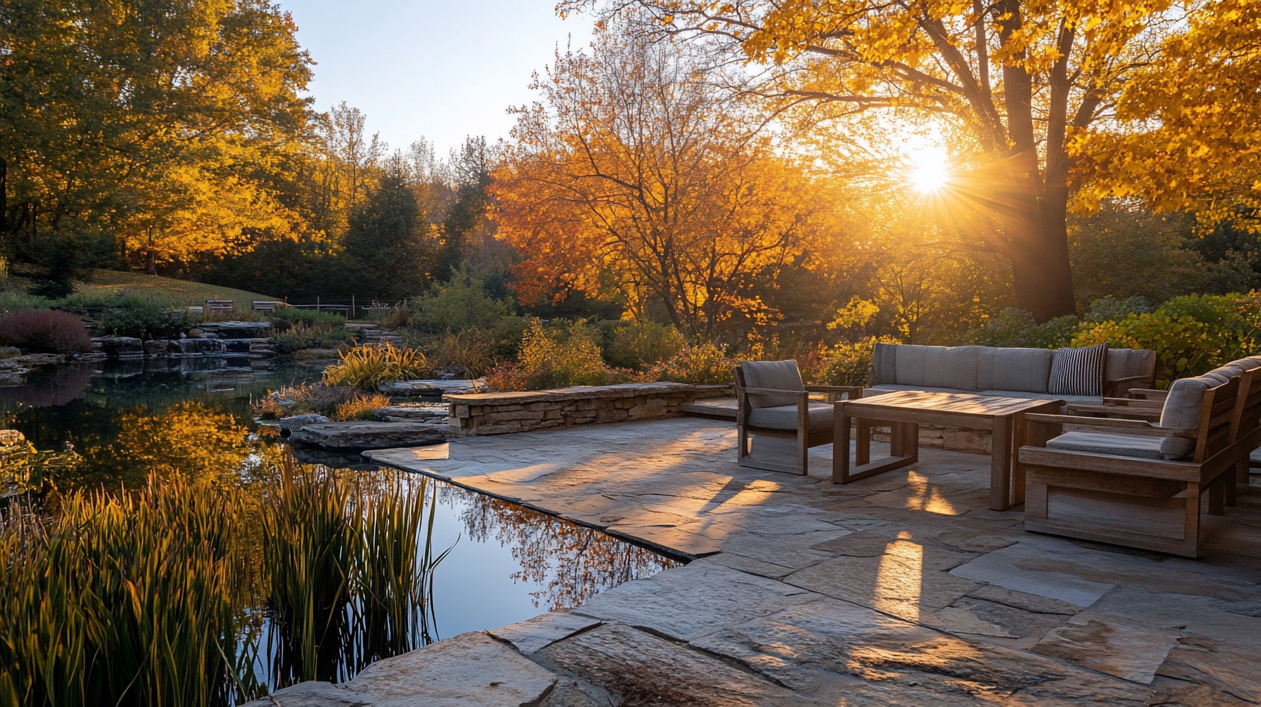 Sunset over a backyard patio with outdoor seating near a pond, surrounded by trees with autumn leaves