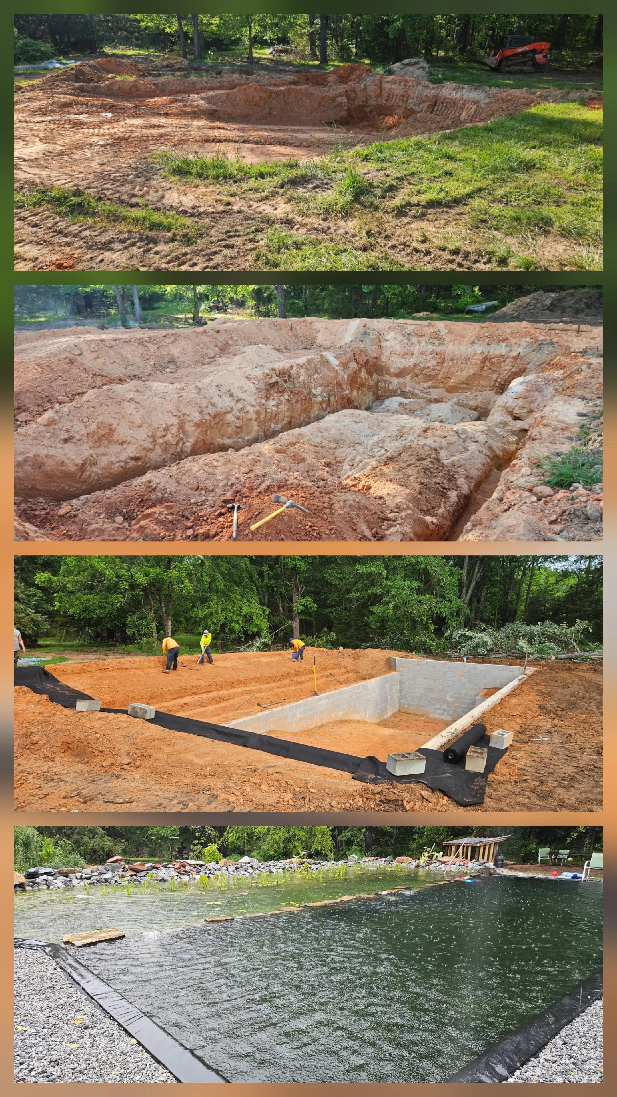Sequence of images showing the construction process of a backyard swimming pool. First image depicts an excavated hole in the ground, second shows the excavation with some dirt moved aside, third displays workers building the pool's concrete wall with blocks, and fourth shows the completed pool filled with water.