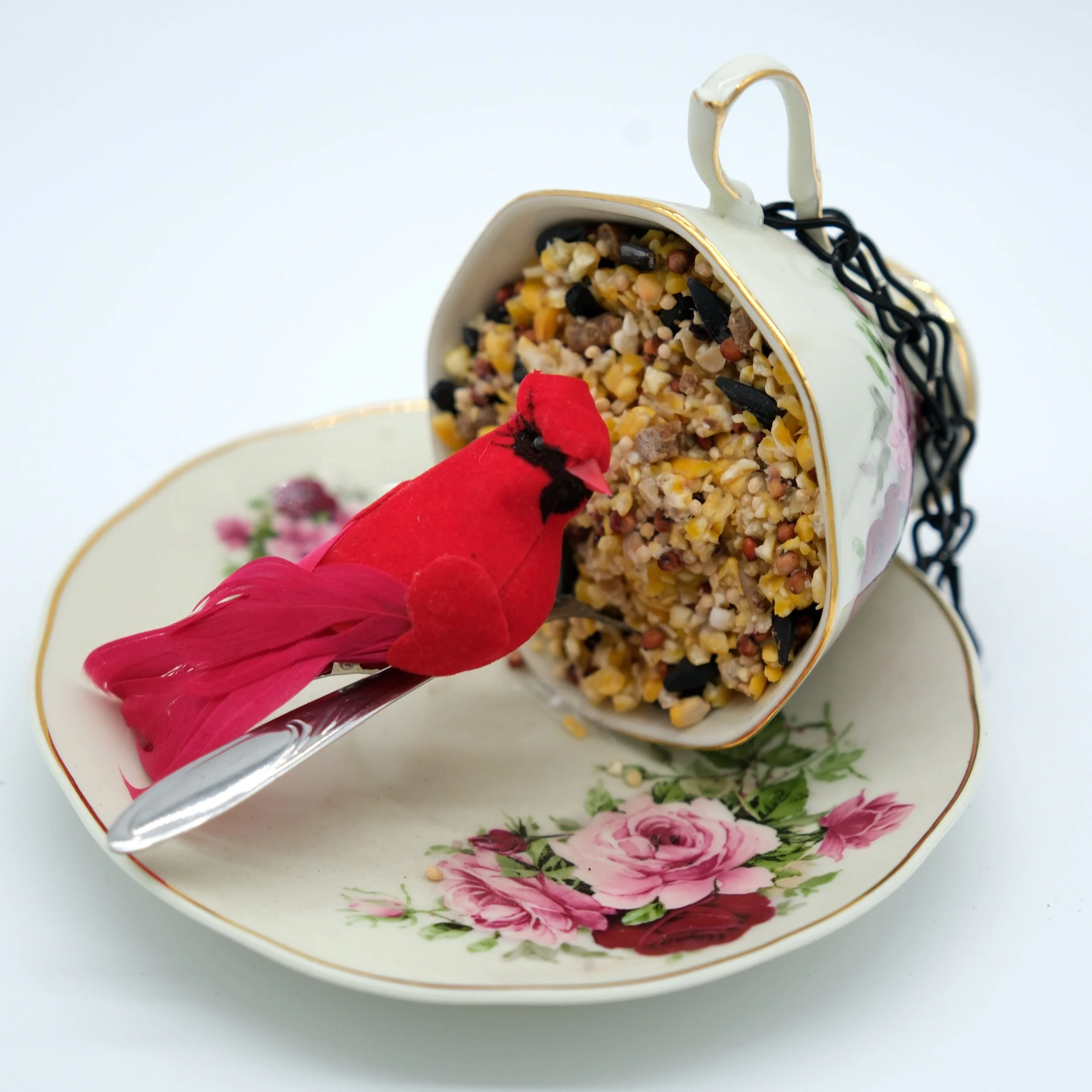 Teacup Birdfeeder - Cardinal w/ Pink Flowers