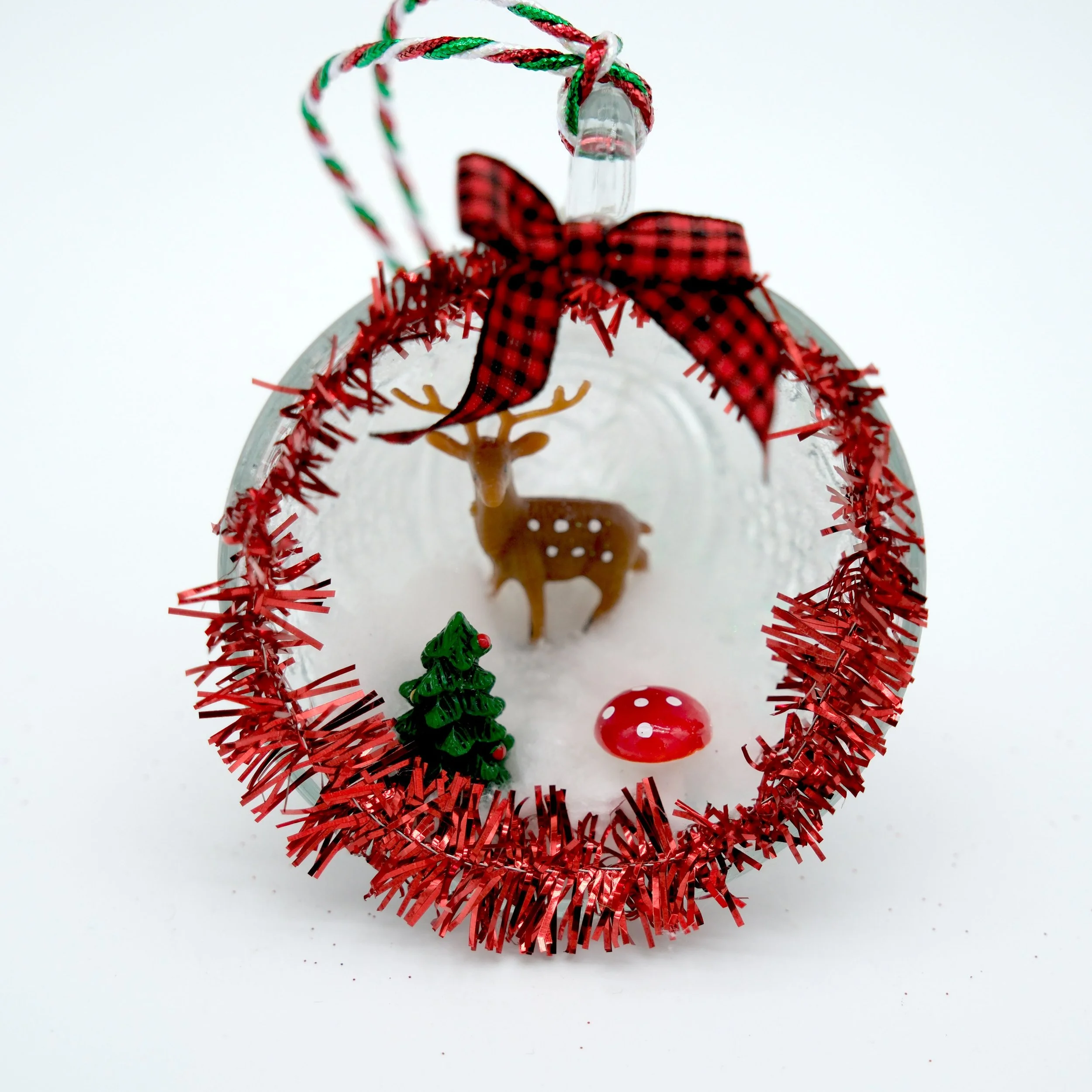 Fairy Teacup Ornament (Deer & Mushroom w/Red Garland)