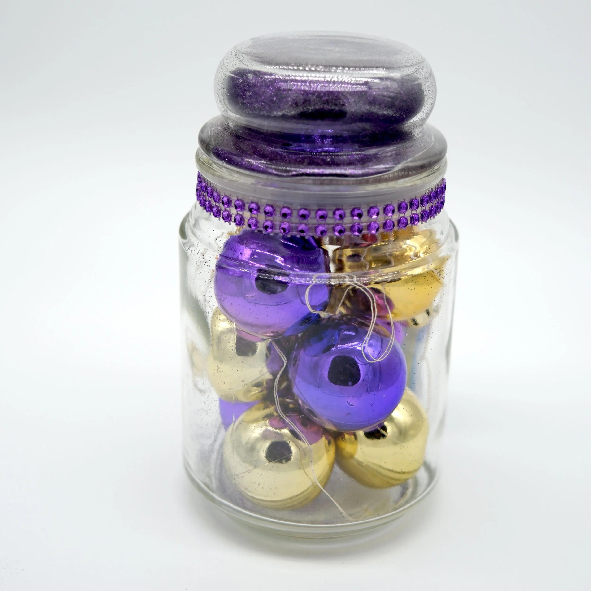 Holiday Small Jar w/Purple & Gold Ornaments
