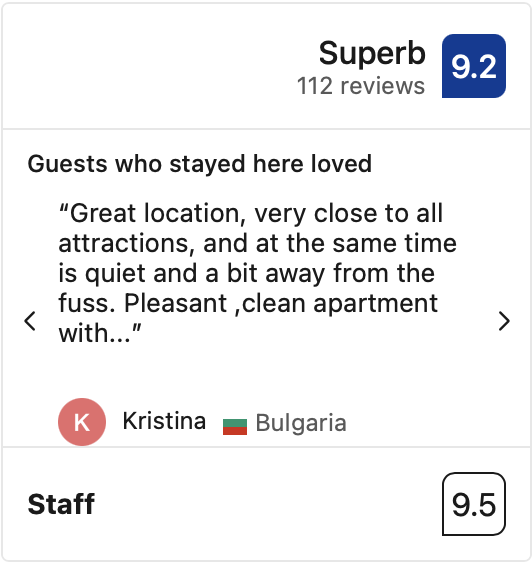 Guest review praises a clean, quiet apartment close to attractions, in Bulgaria, with a high rating of 9.2.