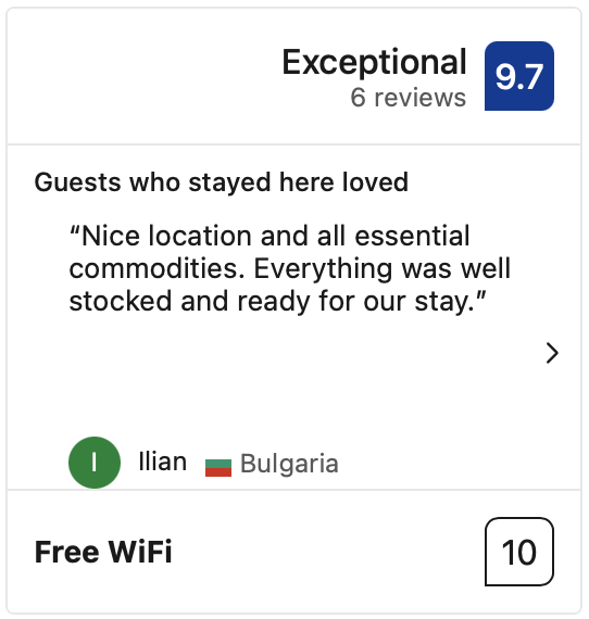 Screenshot of a guest review section highlighting an exceptional rating of 9.7 from a guest from Bulgaria, praising the location, essential commodities, and readiness of the stay, and mentioning free WiFi.