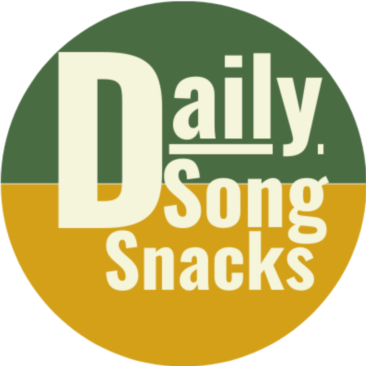 Logo met de woorden 'Daily Song Snacks' in grote witte letters op een achtergrond met groene en gele kleuren.