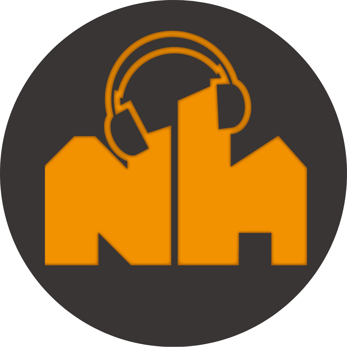 Logo met het woord 'Noa', een hoofdtelefoon erop en stedelijke silhouetten.