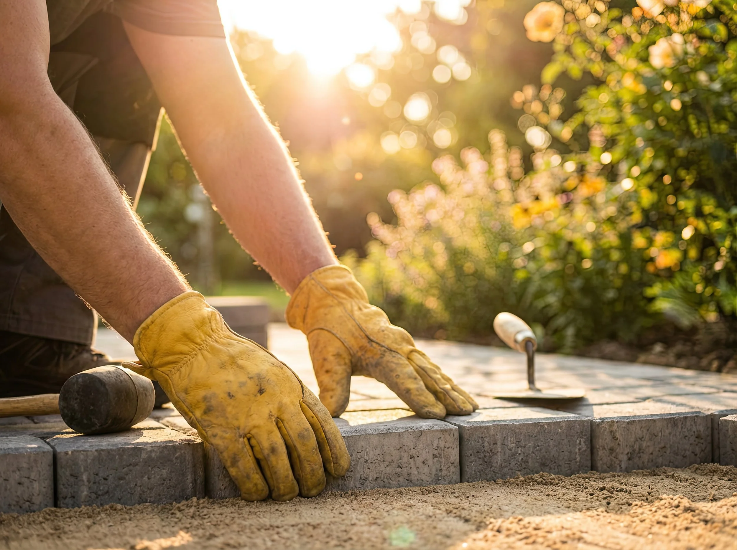 Подравняване на терен, бордюри, алеи, павета.