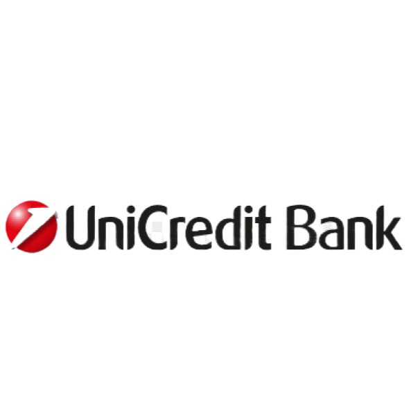 Unicredit Bank logo featuring a red and white stylized symbol and black text.