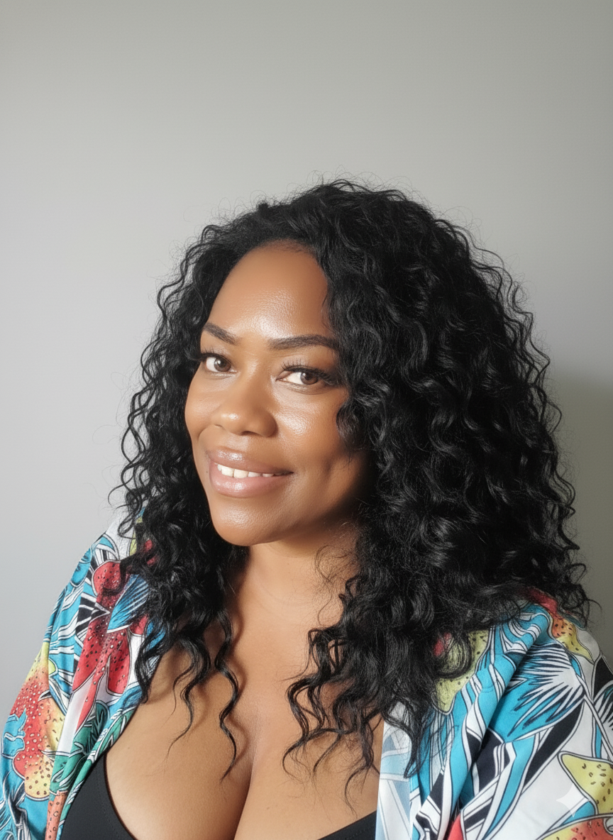 Founder of Reign Supreme Crowns with long, softly waved black hair