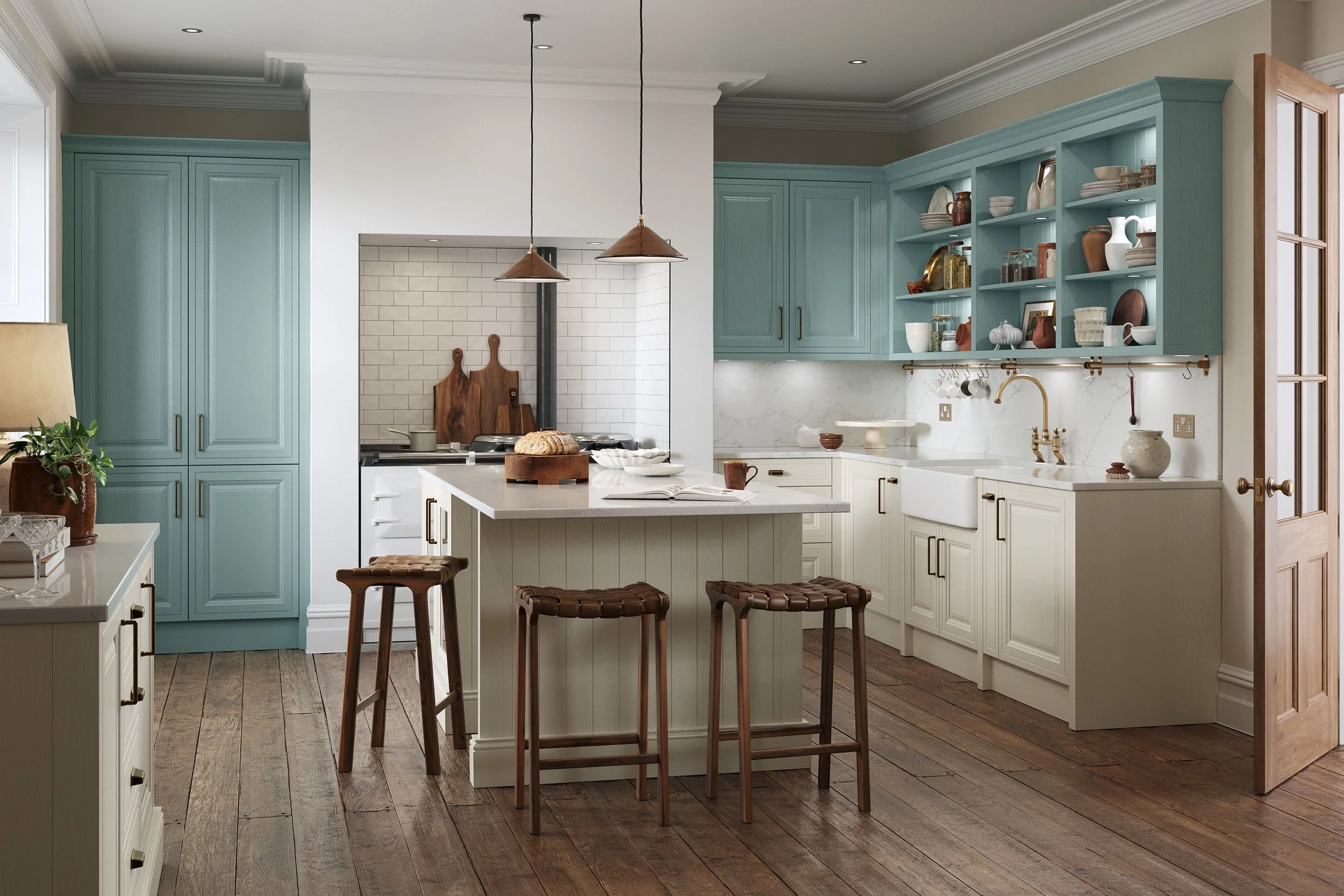 A modern kitchen with light blue and white cabinetry, open shelving with dishware, a white island with stools, and a wood floor.