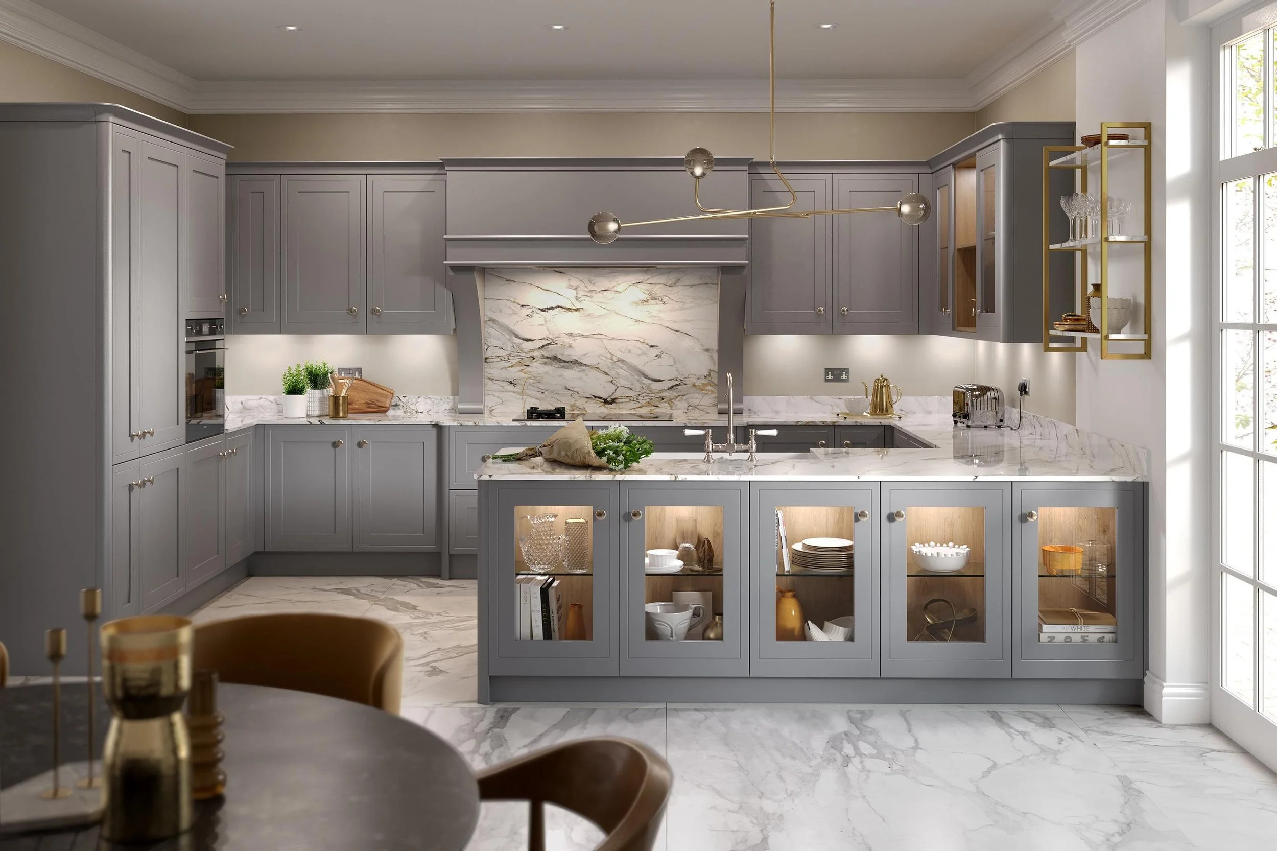 Modern kitchen with gray cabinets, marble countertops and backsplash, central island with open display shelves, and large window letting in natural light.