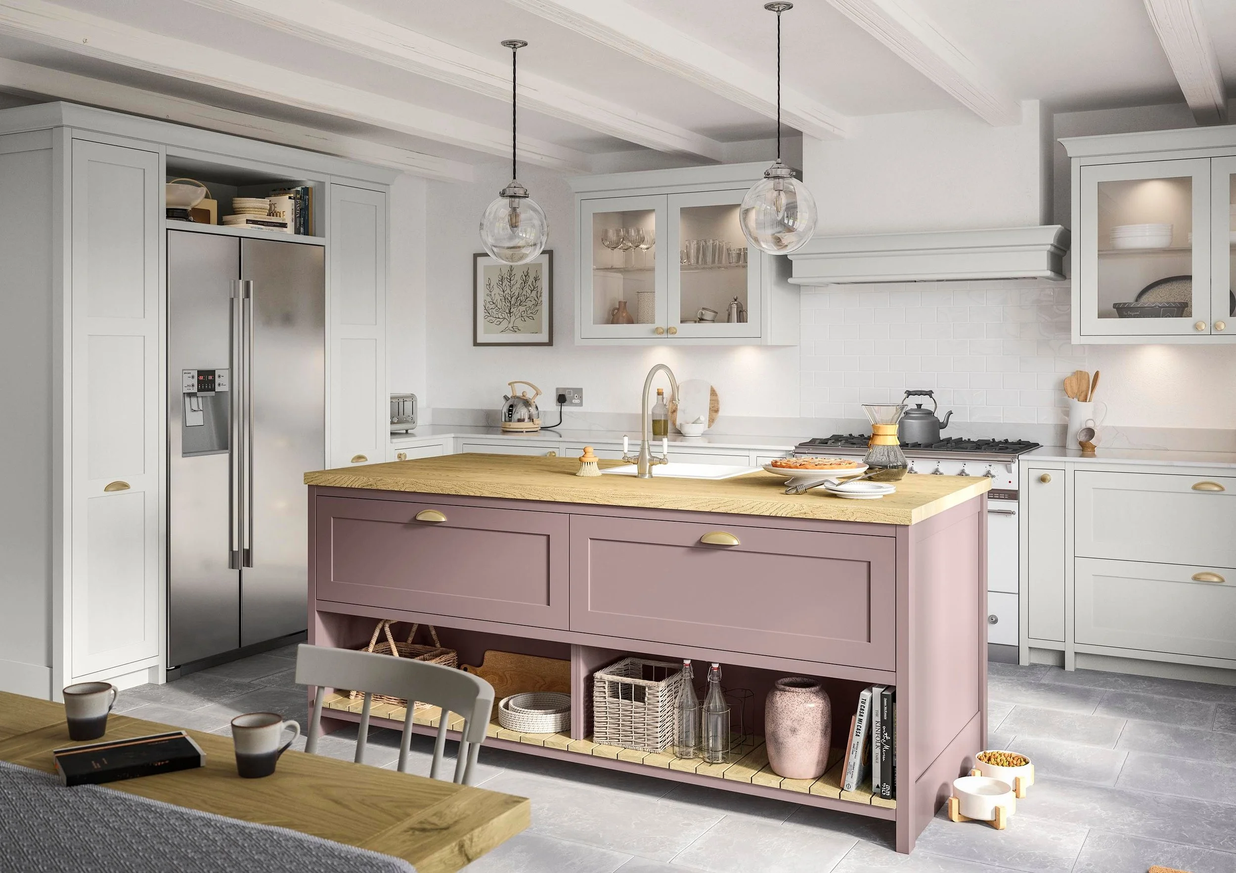 Modern kitchen with white cabinetry, a pink kitchen island with a wooden top, stainless steel refrigerator, and gray tiled flooring, decorated with glass pendant lights, artwork, and kitchen essentials.