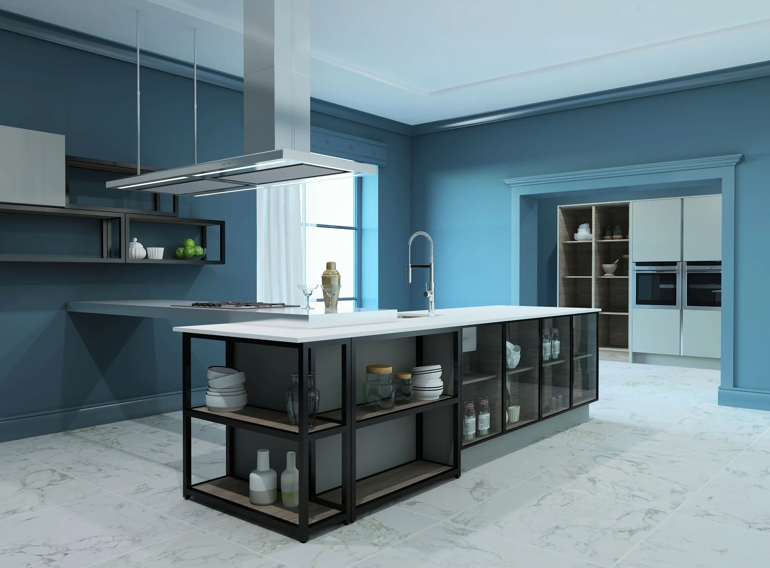 Modern kitchen with blue walls, white countertops, black shelving, marble floors, open shelving with dishes, and a kitchen island with glass-front cabinets.