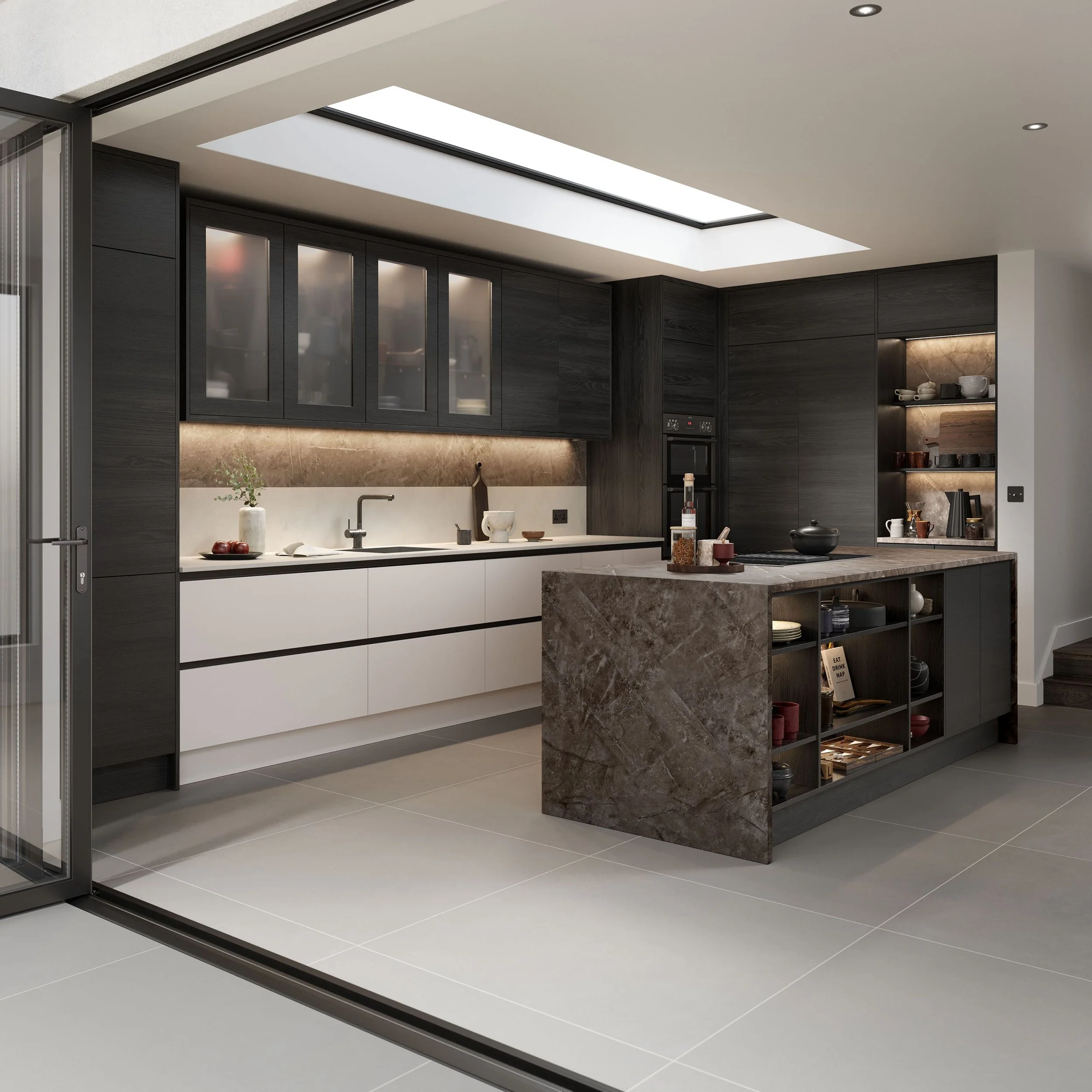 Modern kitchen with white lower cabinets, black upper cabinets, a marble kitchen island, open shelving with dishes, and a skylight overhead.