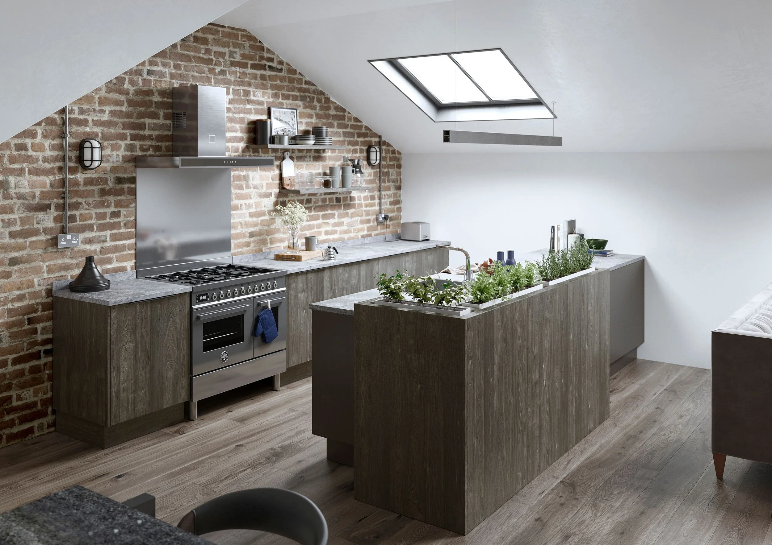 Modern kitchen with exposed brick wall, skylight, wooden cabinets, and a kitchen island with herbs and plants.