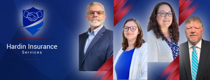 A banner for Hardin Insurance Services featuring four professional individuals, a handshake icon, and the company name.