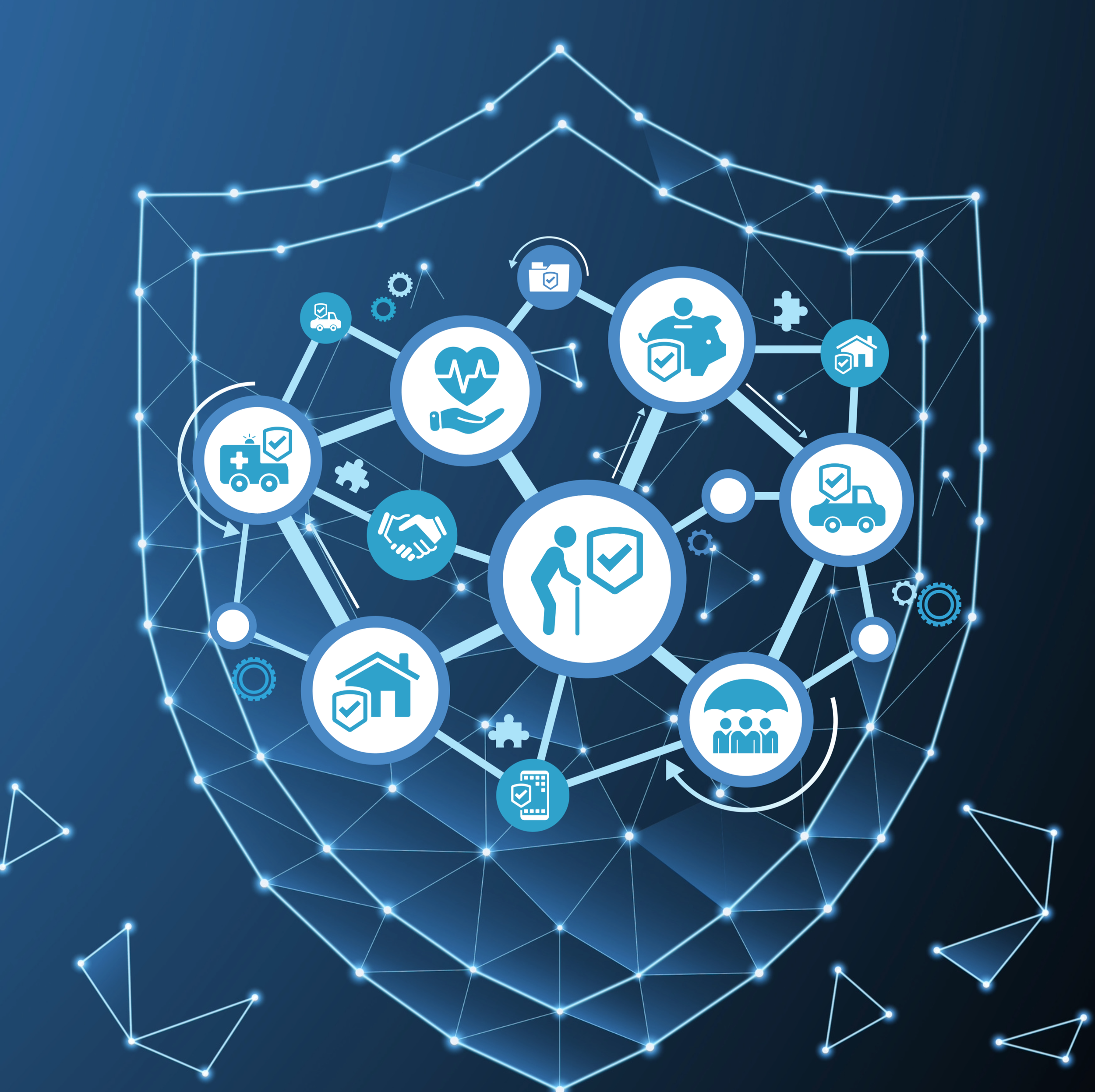 Digital illustration of interconnected healthcare and safety icons, including medical, insurance, and community symbols, on a blue background with a network of glowing lines and points.