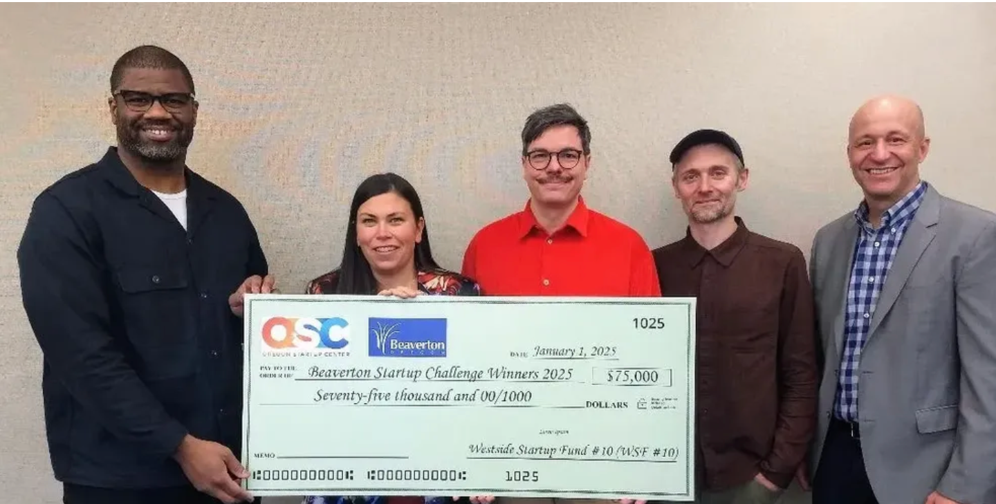 This is the group of winners of the Beaverton Startup Challenge 2025 including PACMODO, DAYO and ALIGNICP. and Mayor Lacey Beaty