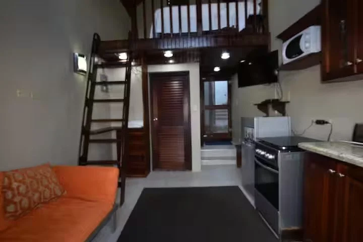 Cozy Loft apartment with kitchen and living area.