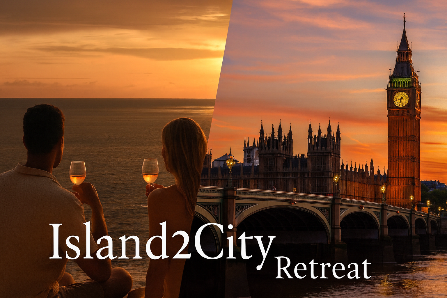 A couple enjoying wine at sunset overlooking London, with Big Ben and the Houses of Parliament in the background. The image is split with one side showing the ocean and sunset, and the other featuring London's cityscape.