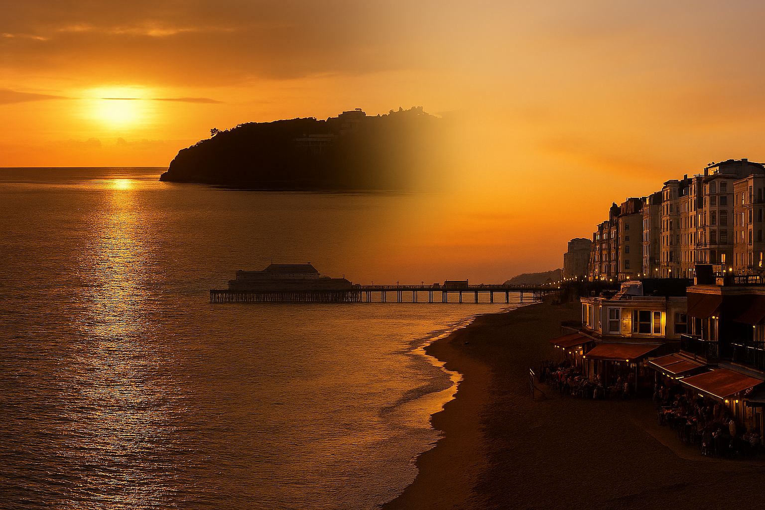 Sunset over the ocean with a reflection on the water, a pier extending into the sea, and a hillside with buildings in the background. Buildings along the beach with lights on.