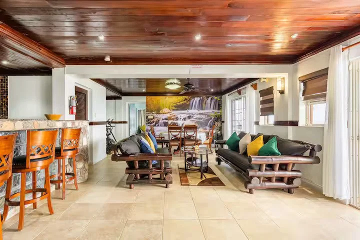 Spacious living room with bar seating and tropical decor.