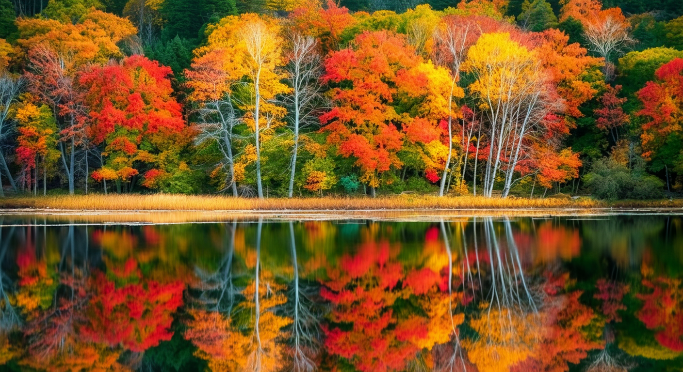 Colorful autumn trees reflected in a lake with vibrant fall foliage including reds, oranges, and yellows, with some trees having white branches.