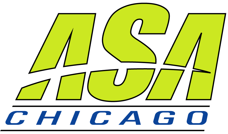 Logo for ASA Chicago featuring large lime green letters 'ASA' and smaller blue text 'Chicago' underneath on a black background.